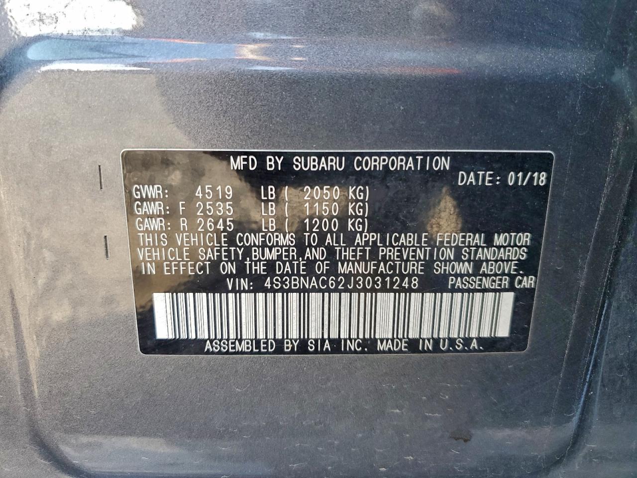 2018 Subaru Legacy 2.5I Premium VIN: 4S3BNAC62J3031248 Lot: 93773185