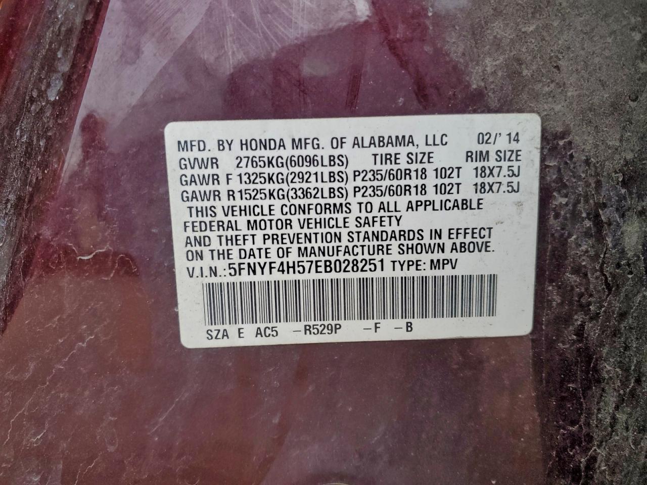 2014 Honda Pilot Exl VIN: 5FNYF4H57EB028251 Lot: 94070335