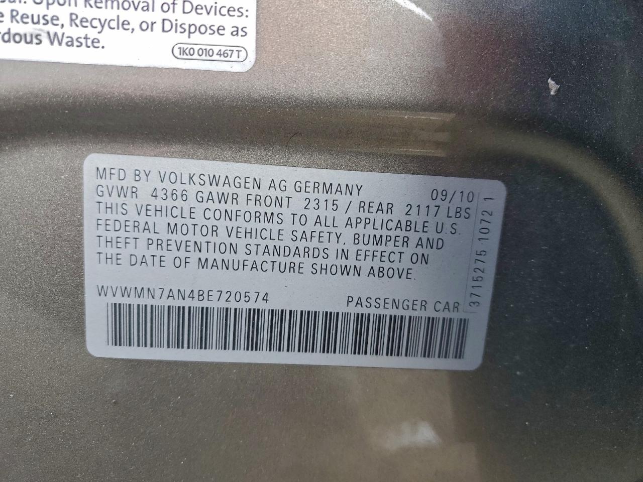 2011 Volkswagen Cc Sport VIN: WVWMN7AN4BE720574 Lot: 94404165