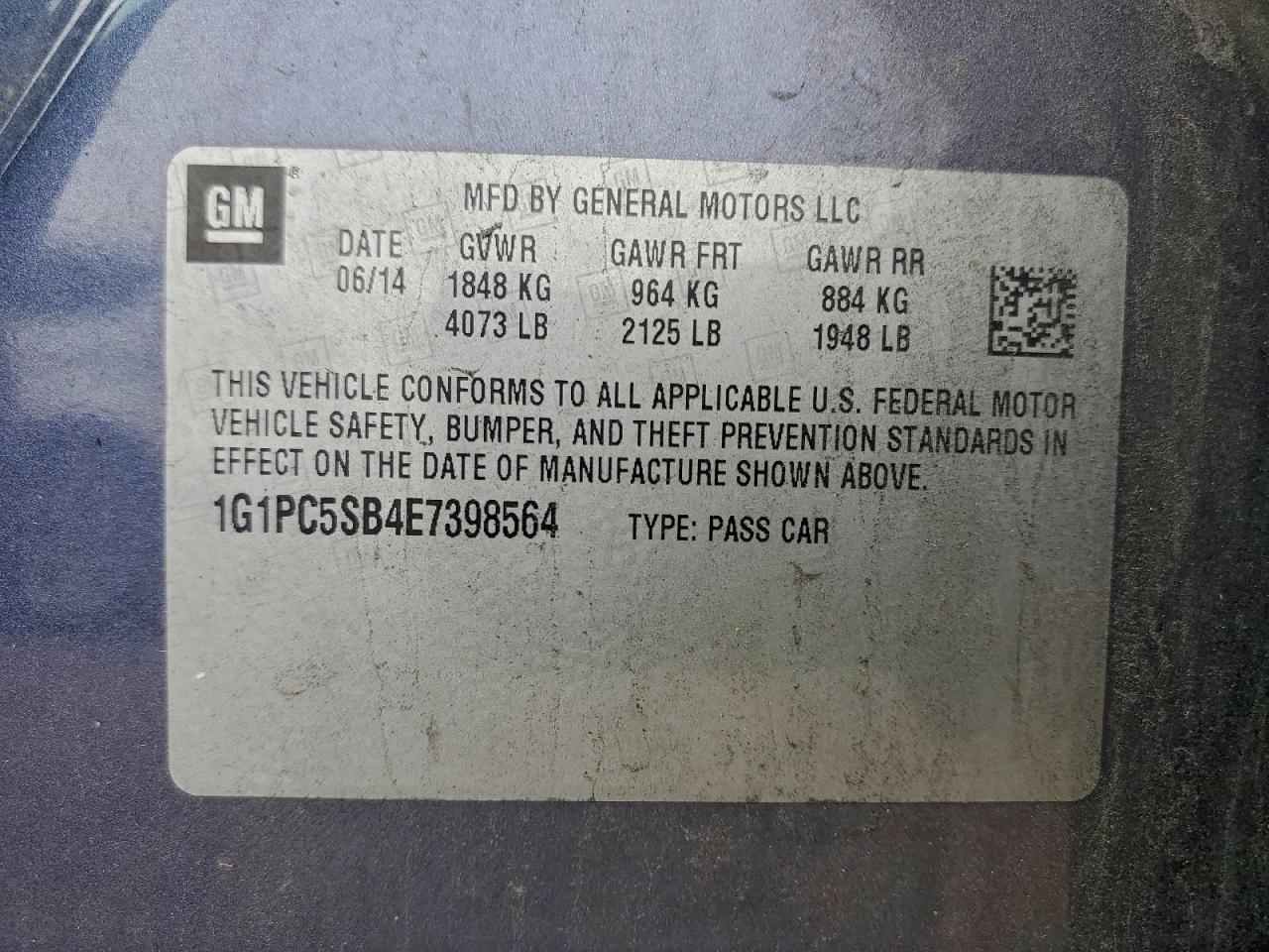 2014 Chevrolet Cruze Lt VIN: 1G1PC5SB4E7398564 Lot: 94151555