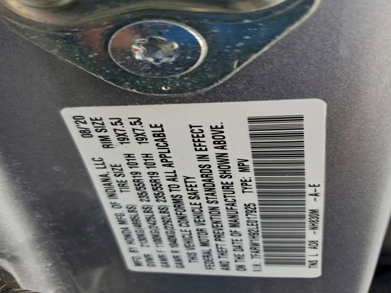 2020 Honda Cr-V Touring VIN: 7FARW1H92LE017925 Lot: 93729505