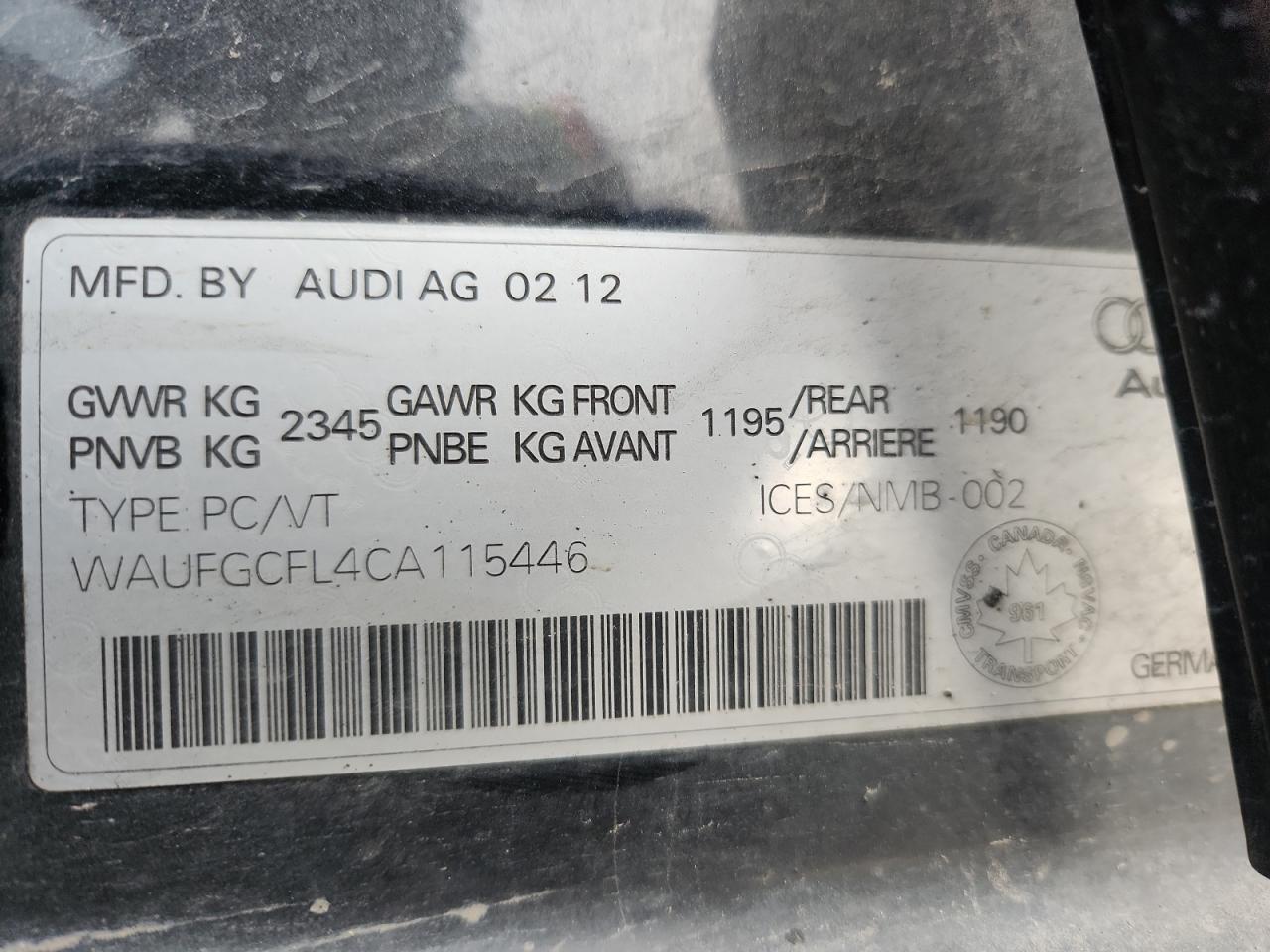 2012 Audi S4 Premium VIN: WAUFGCFL4CA115446 Lot: 92861265