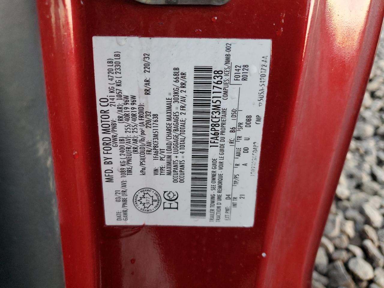 2021 Ford Mustang Gt VIN: 1FA6P8CF3M5117638 Lot: 93236445