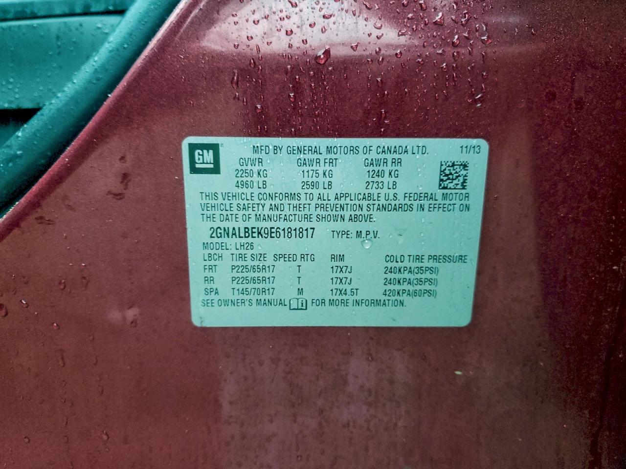 2014 Chevrolet Equinox Lt VIN: 2GNALBEK9E6181817 Lot: 94260945