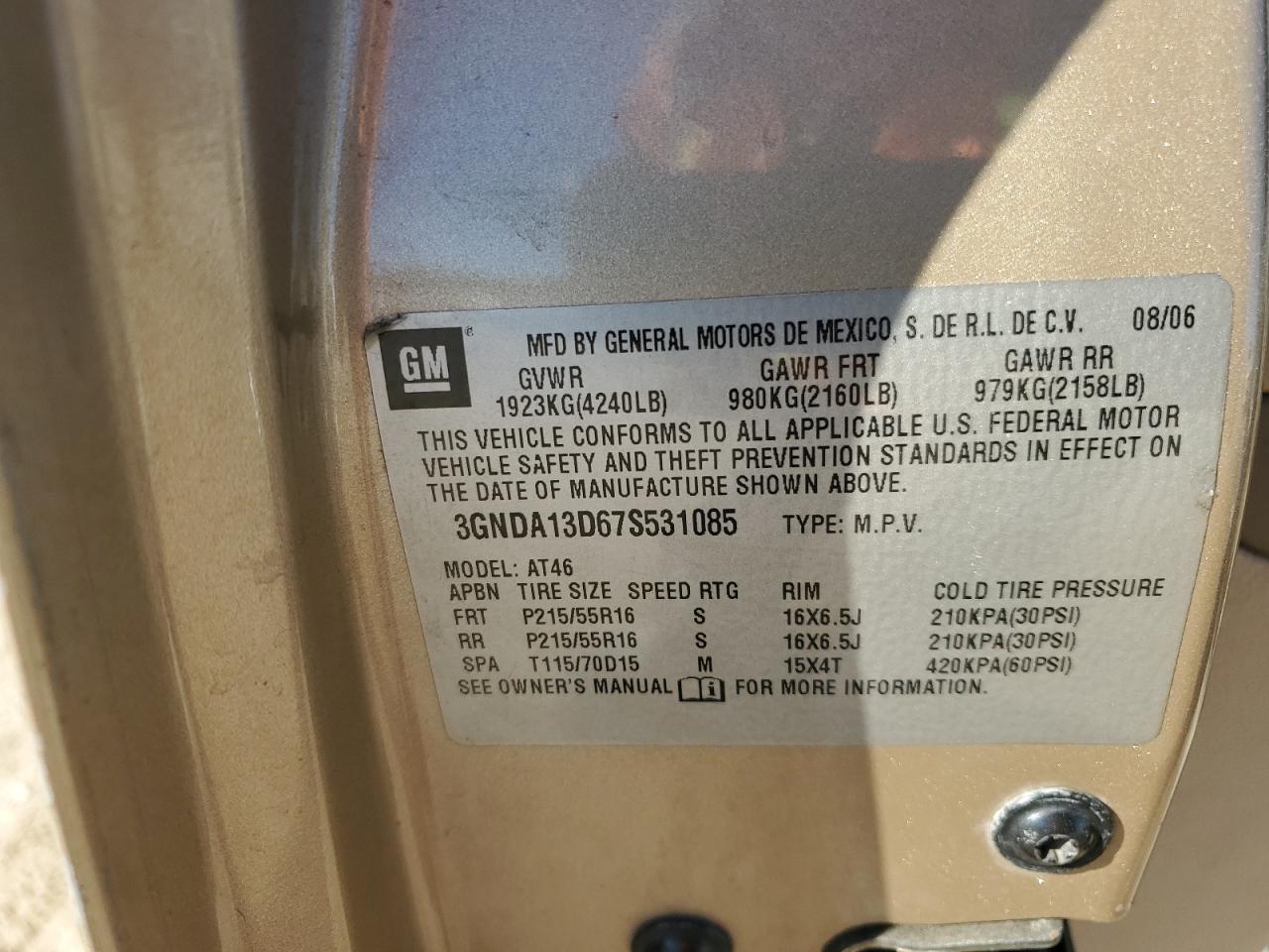 2007 Chevrolet Hhr Ls VIN: 3GNDA13D67S531085 Lot: 93044485