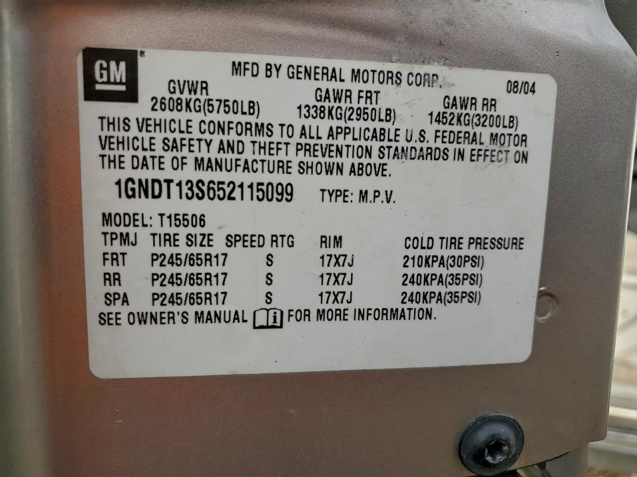 2005 Chevrolet Trailblazer Ls VIN: 1GNDT13S652115099 Lot: 93921285