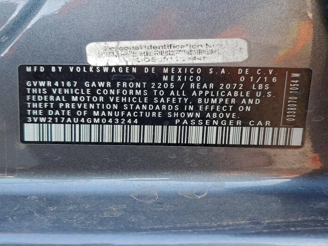 2016 Volkswagen Golf S/Se VIN: 3VW217AU4GM043244 Lot: 92799375