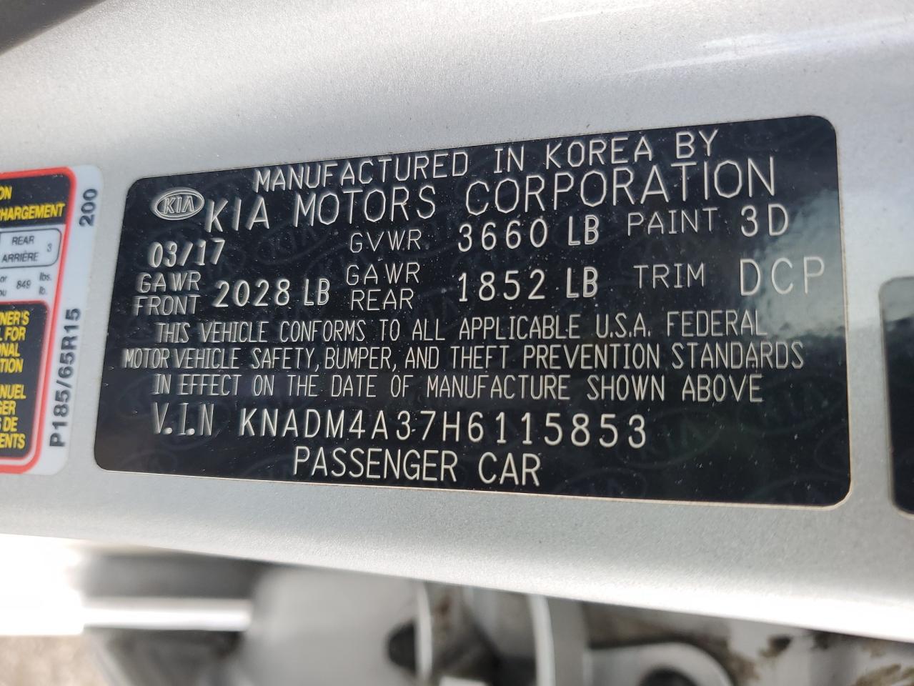 2017 Kia Rio Lx VIN: KNADM4A37H6115853 Lot: 92663735