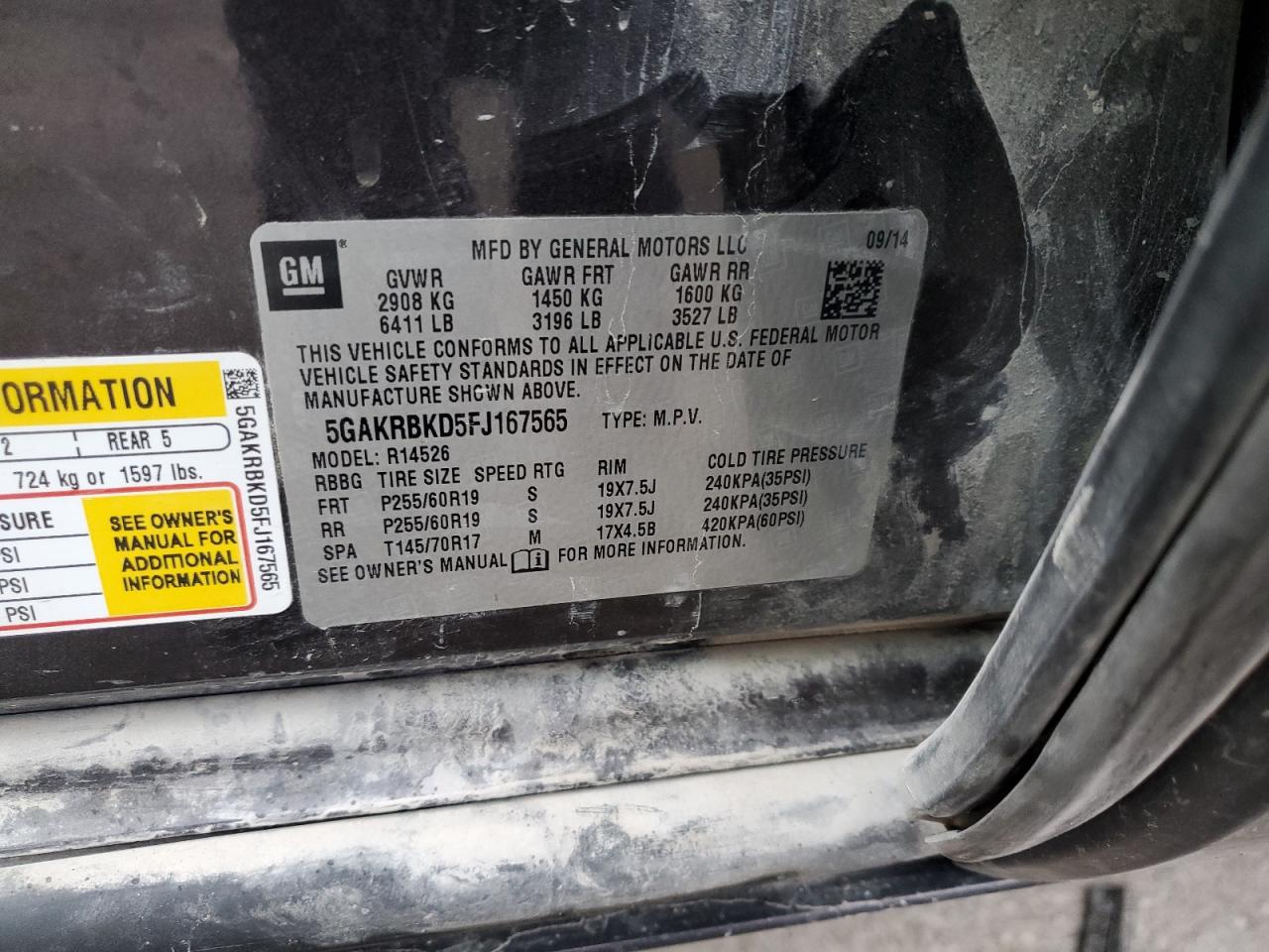 2015 Buick Enclave VIN: 5GAKRBKD5FJ167565 Lot: 93356015