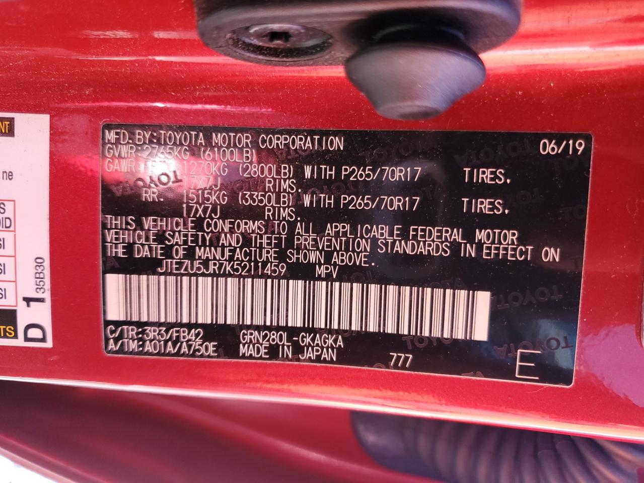 2019 Toyota 4Runner Sr5 VIN: JTEZU5JR7K5211459 Lot: 92603345