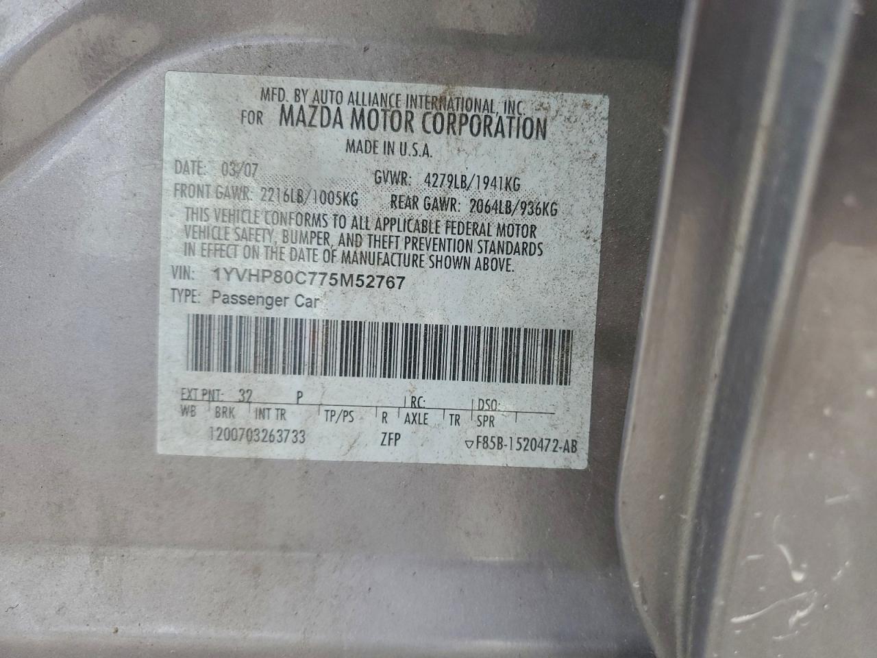 2007 Mazda 6 I VIN: 1YVHP80C775M52767 Lot: 93926485