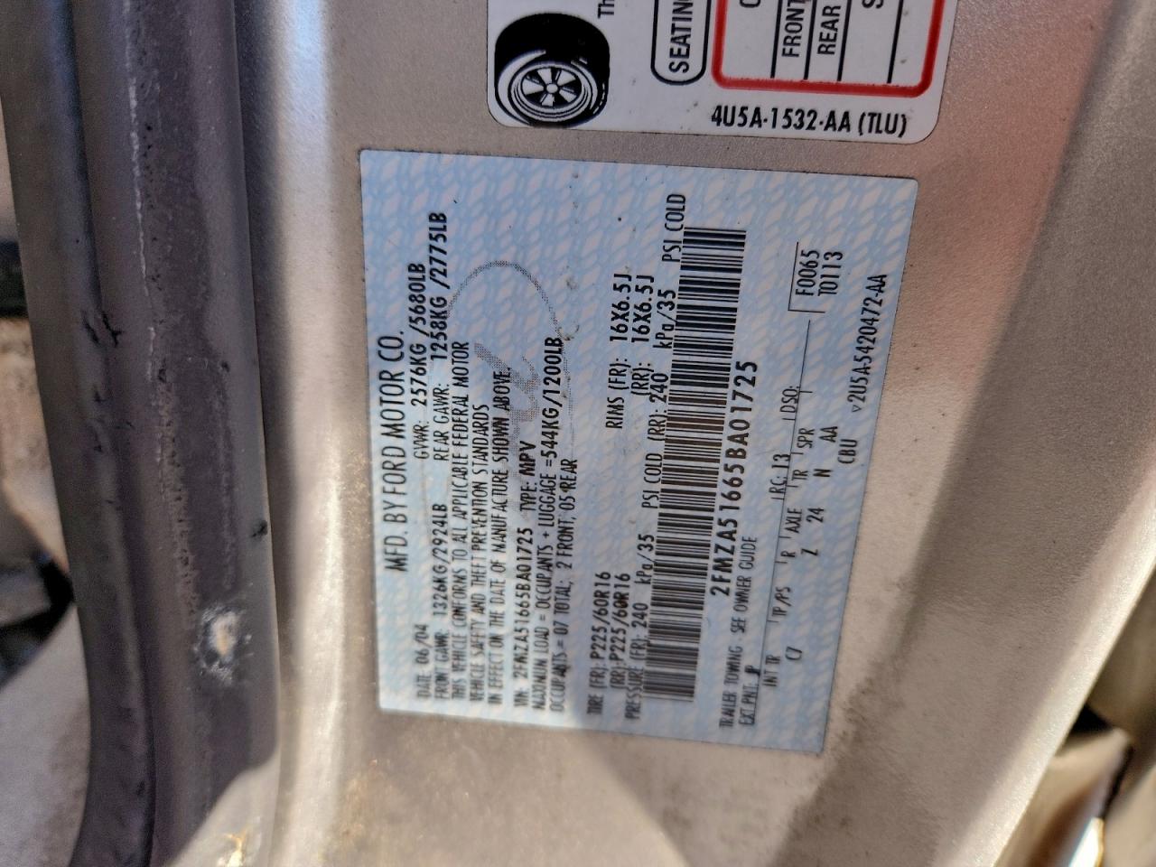 2005 Ford Freestar Se VIN: 2FMZA51665BA01725 Lot: 94789185