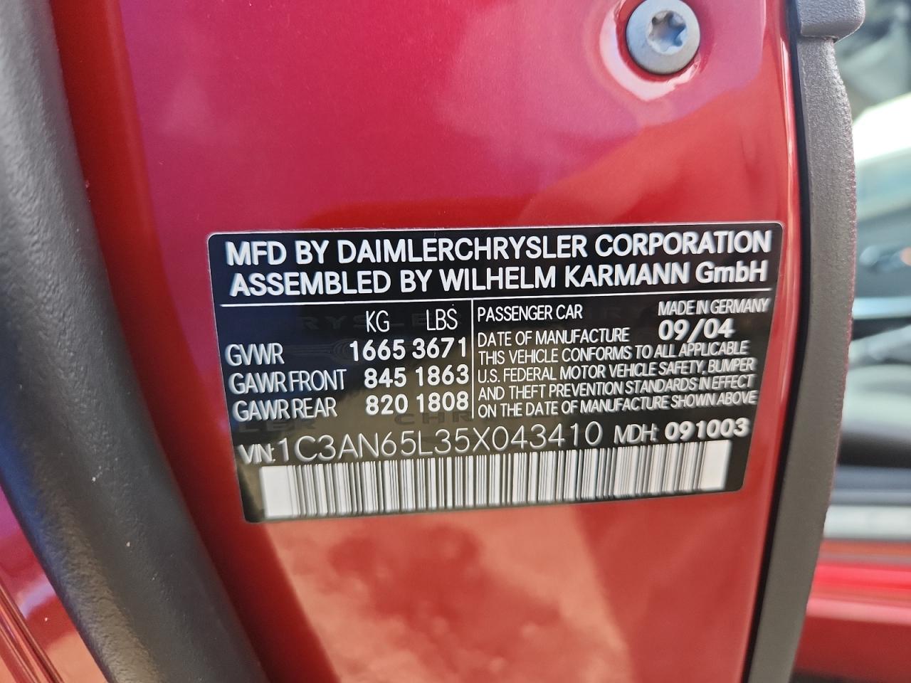 2005 Chrysler Crossfire Limited VIN: 1C3AN65L35X043410 Lot: 92197055