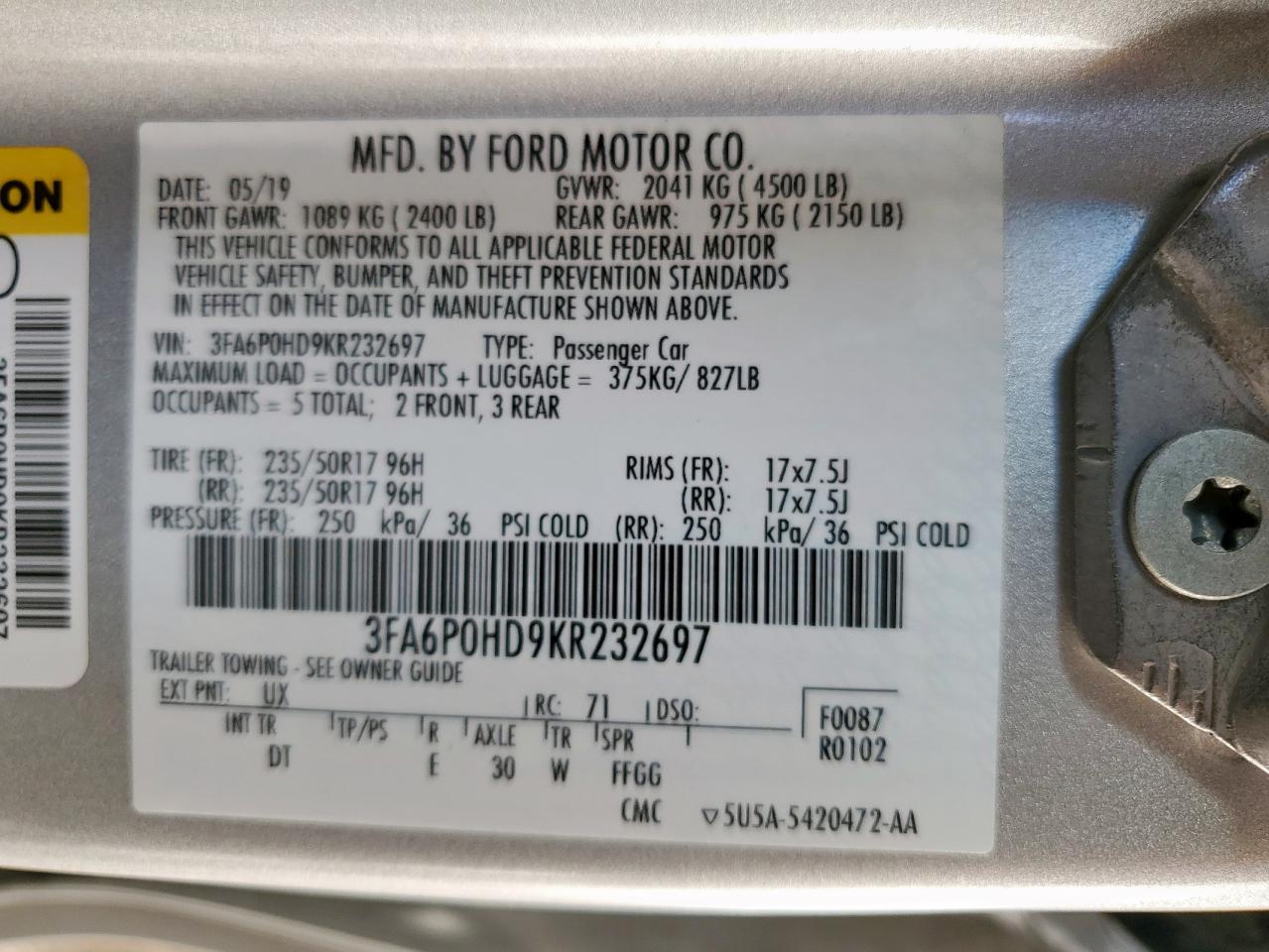 2019 Ford Fusion Se VIN: 3FA6P0HD9KR232697 Lot: 93637175