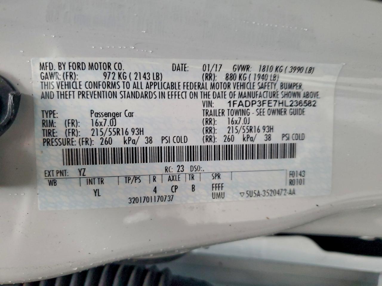 2017 Ford Focus Se VIN: 1FADP3FE7HL236582 Lot: 93728105