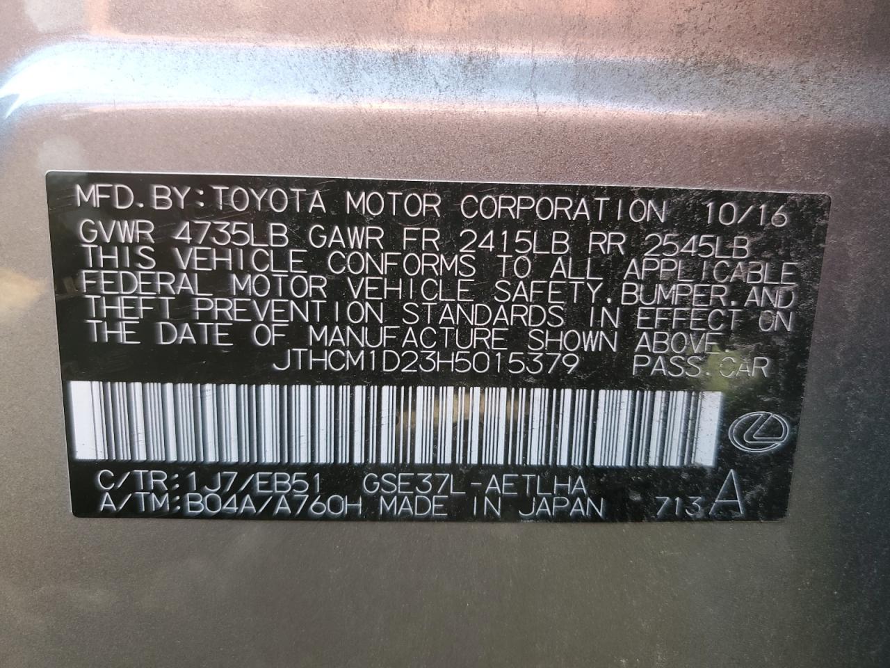 2017 Lexus Is 300 VIN: JTHCM1D23H5015379 Lot: 91243315