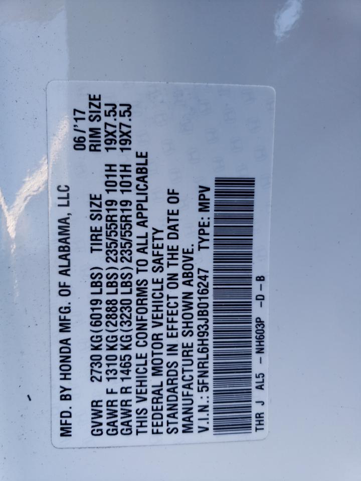 2018 Honda Odyssey Elite VIN: 5FNRL6H93JB016247 Lot: 93363605