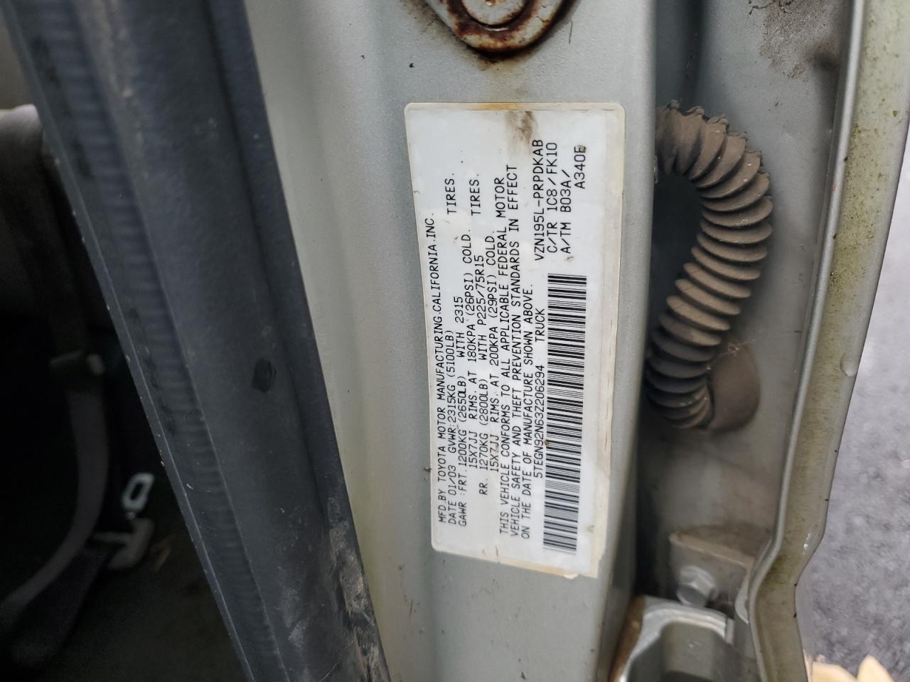 2003 Toyota Tacoma Double Cab Prerunner VIN: 5TEGN92N63Z206294 Lot: 93380025