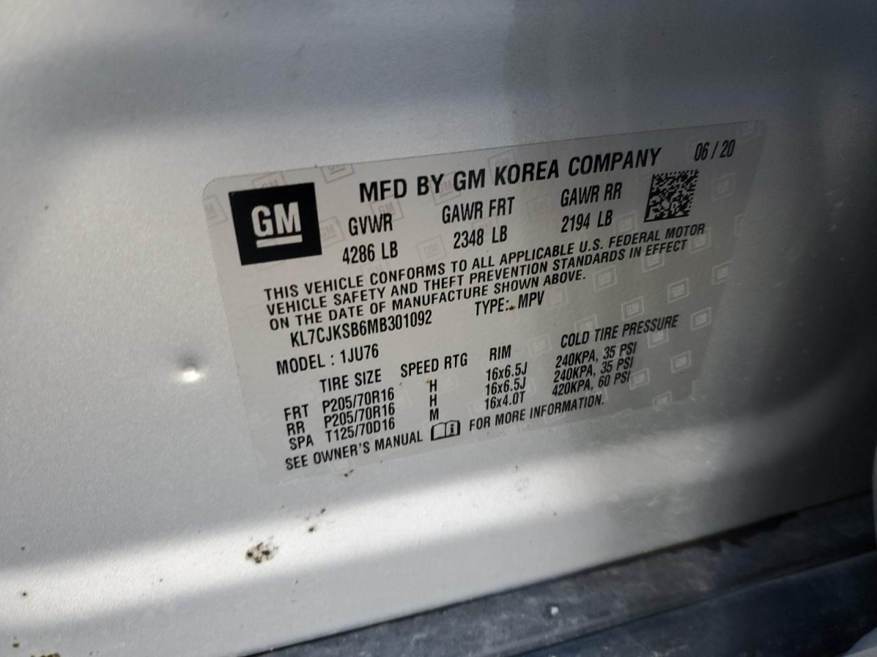 2021 Chevrolet Trax Ls VIN: KL7CJKSB6MB301092 Lot: 92464025