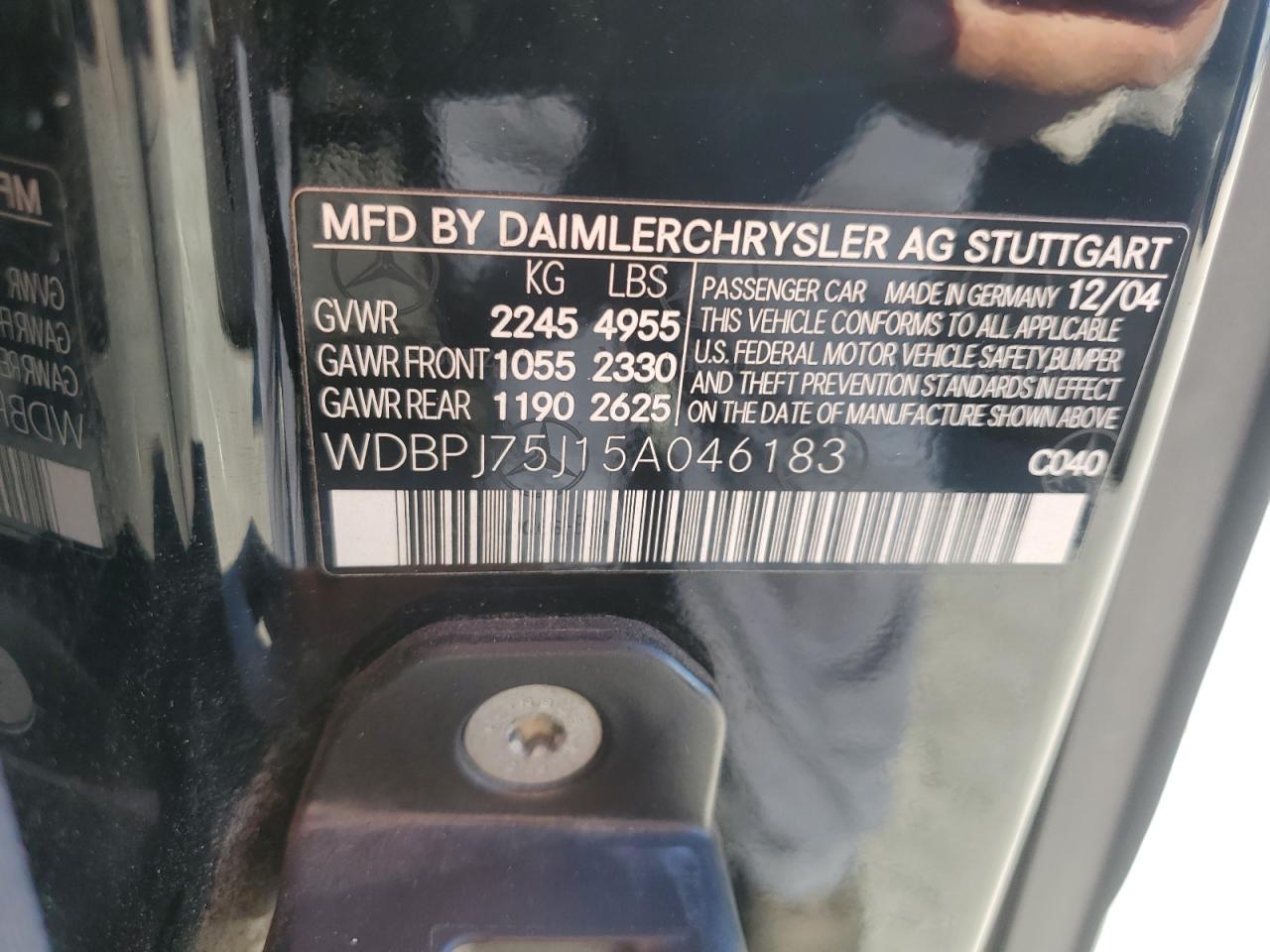 2005 Mercedes-Benz Cl 500 VIN: WDBPJ75J15A046183 Lot: 92307455