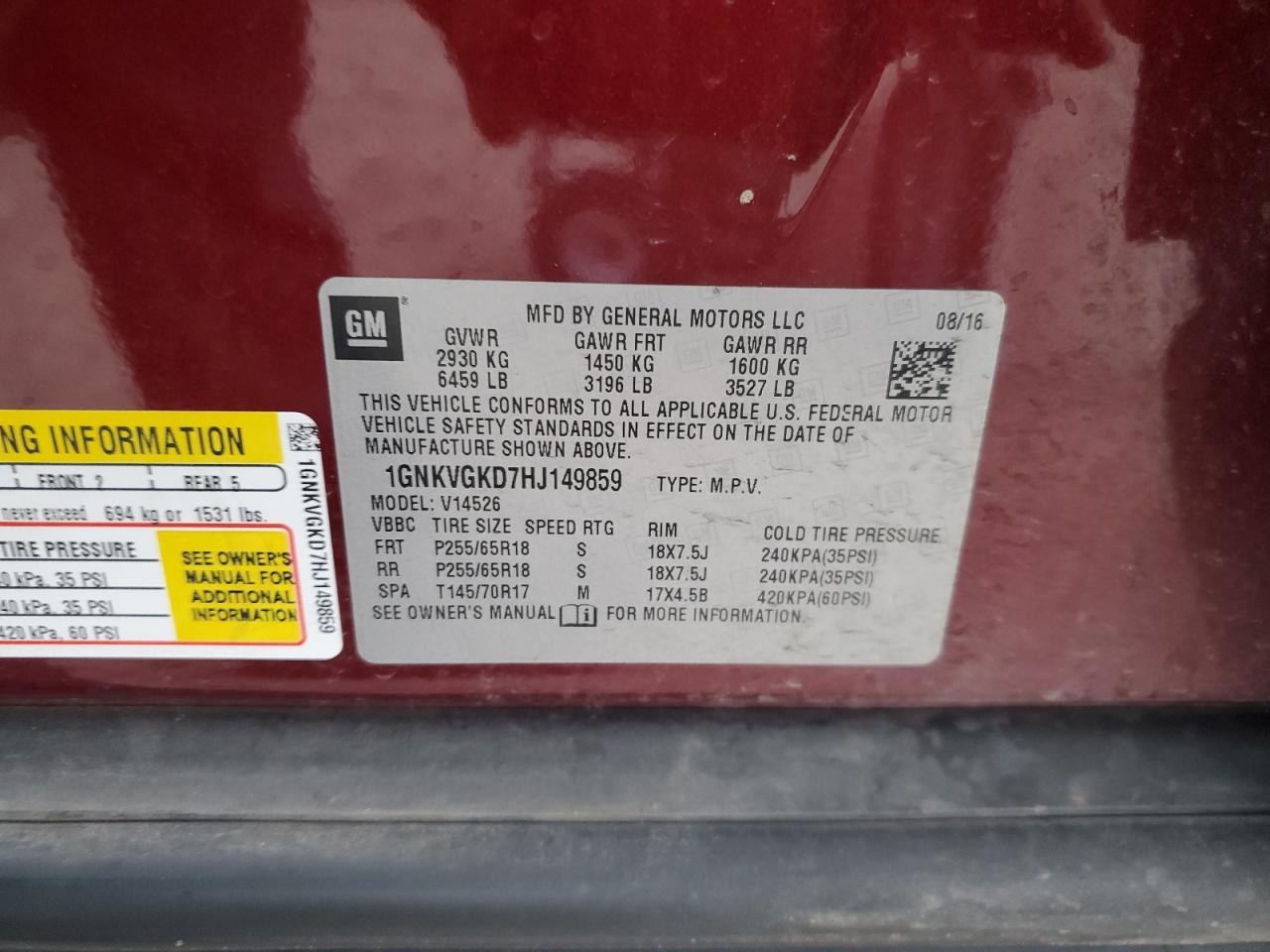 2017 Chevrolet Traverse Lt VIN: 1GNKVGKD7HJ149859 Lot: 91461305