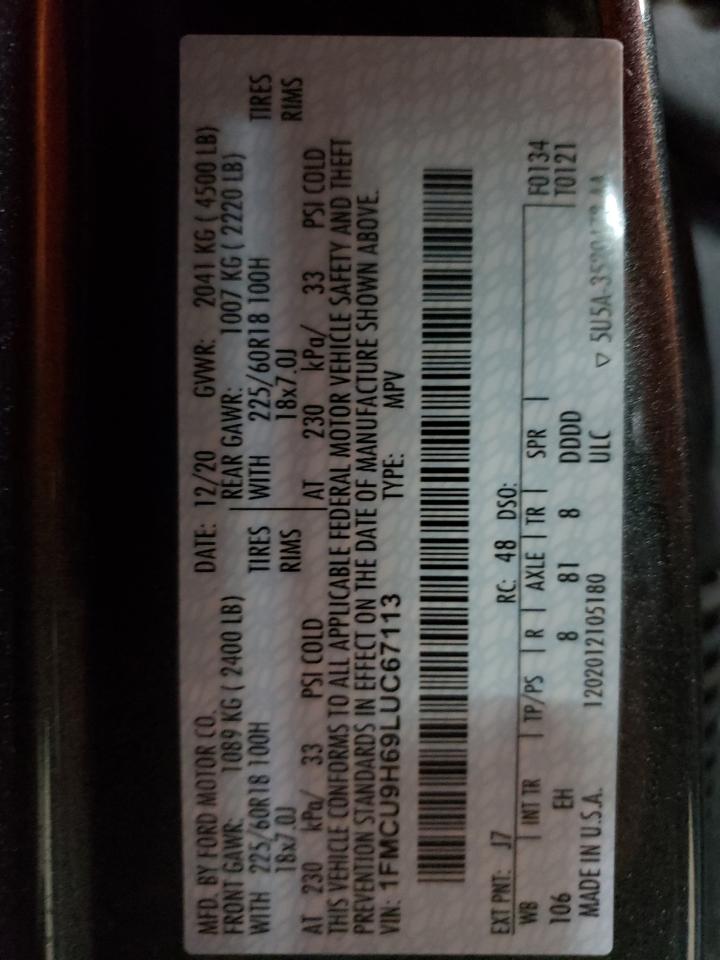 2020 Ford Escape Sel VIN: 1FMCU9H69LUC67113 Lot: 93181085