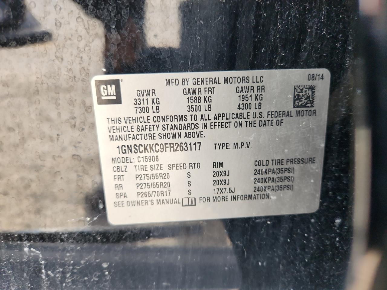 2015 Chevrolet Suburban C1500 Ltz VIN: 1GNSCKKC9FR263117 Lot: 92527385