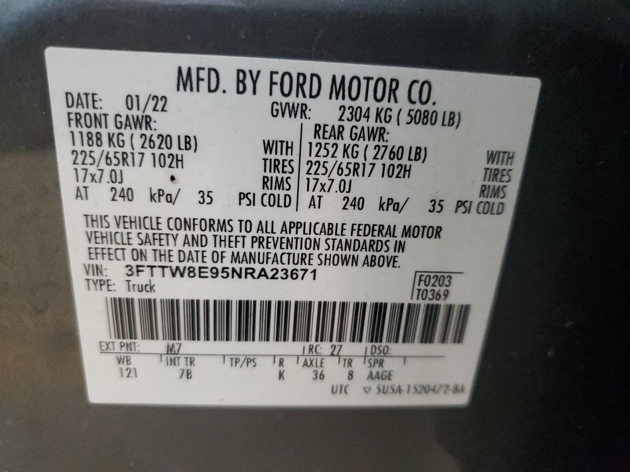 2022 Ford Maverick Xl VIN: 3FTTW8E95NRA23671 Lot: 91204245