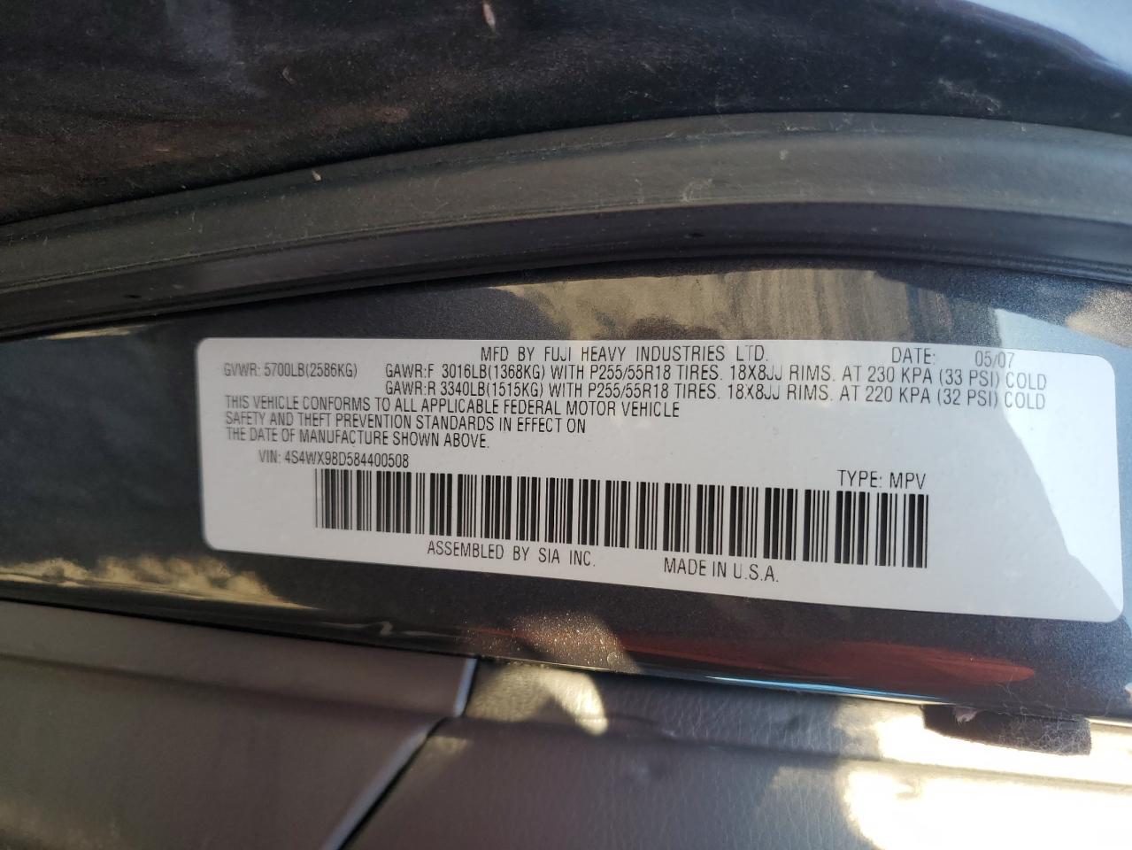 2008 Subaru Tribeca Limited VIN: 4S4WX98D584400508 Lot: 93251325