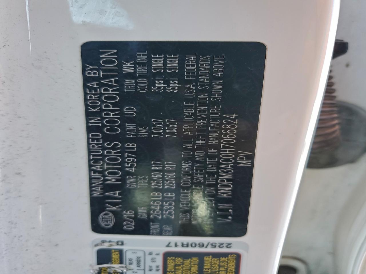 2017 Kia Sportage Lx VIN: KNDPM3AC0H7066824 Lot: 93666885