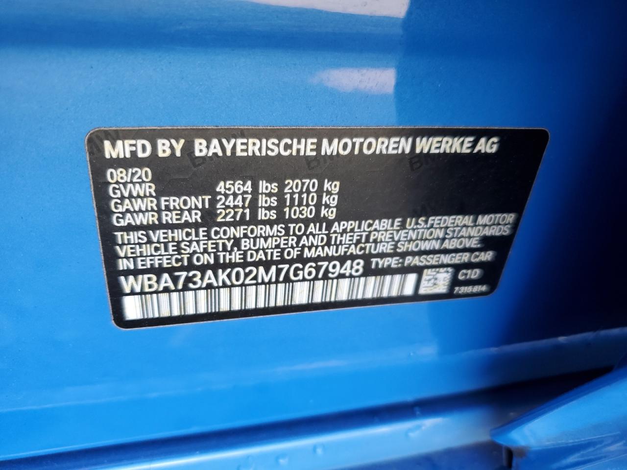 2021 BMW 228Xi VIN: WBA73AK02M7G67948 Lot: 95250605