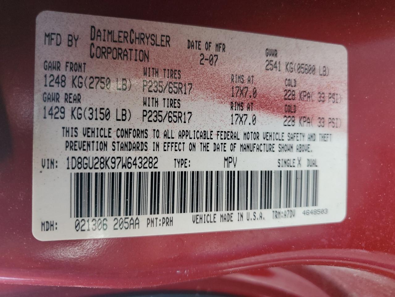 2007 Dodge Nitro Sxt VIN: 1D8GU28K97W643282 Lot: 92624235