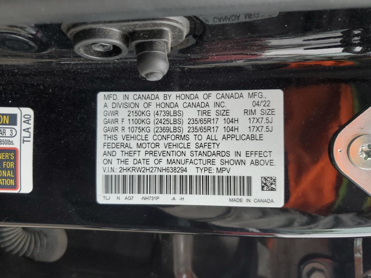 2022 Honda Cr-V Lx VIN: 2HKRW2H27NH638294 Lot: 92059405