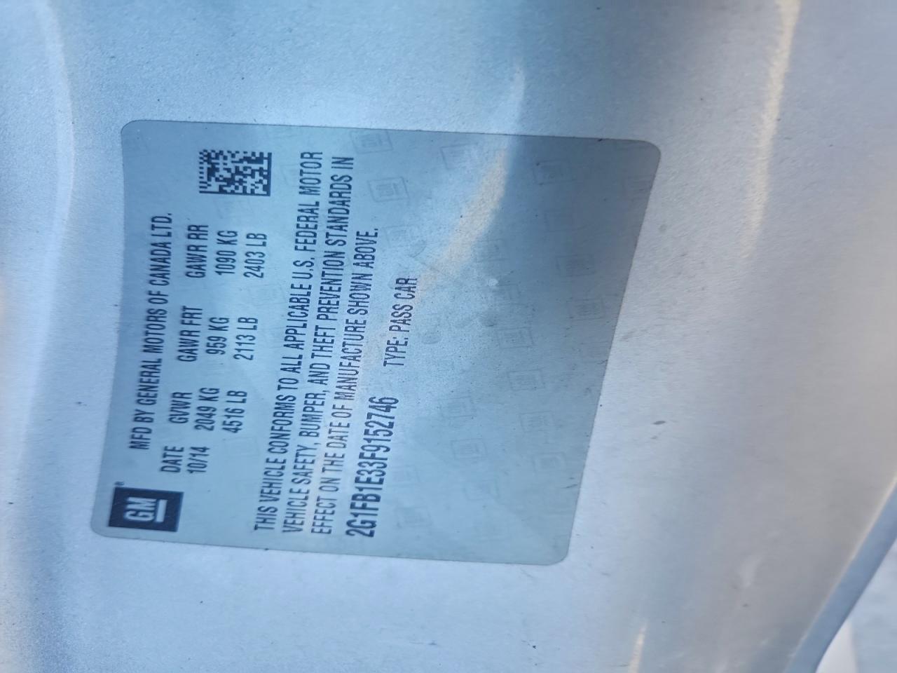 2015 Chevrolet Camaro Ls VIN: 2G1FB1E33F9152746 Lot: 92020065