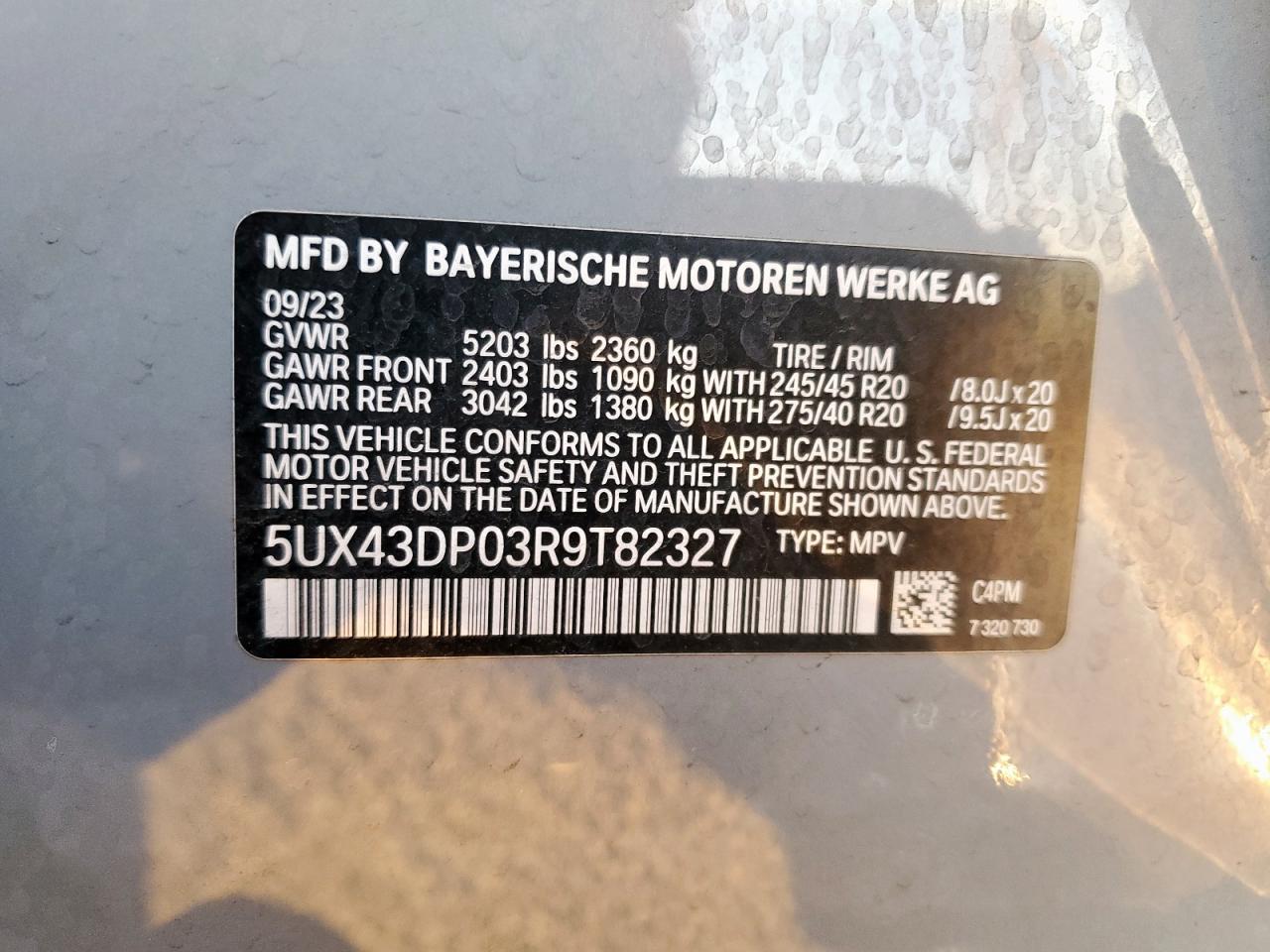 2024 BMW X3 Sdrive30I VIN: 5UX43DP03R9T82327 Lot: 91871855