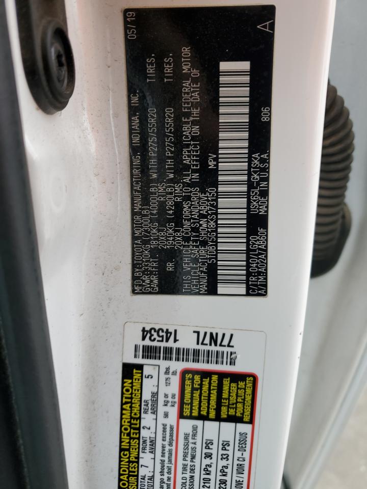 2019 Toyota Sequoia Sr5 VIN: 5TDBY5G18KS173150 Lot: 93337175