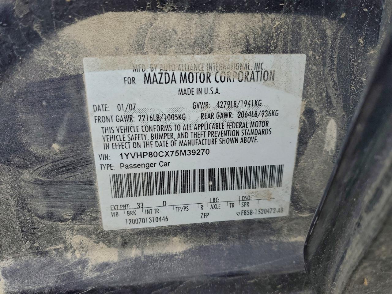 2007 Mazda 6 I VIN: 1YVHP80CX75M39270 Lot: 93912335