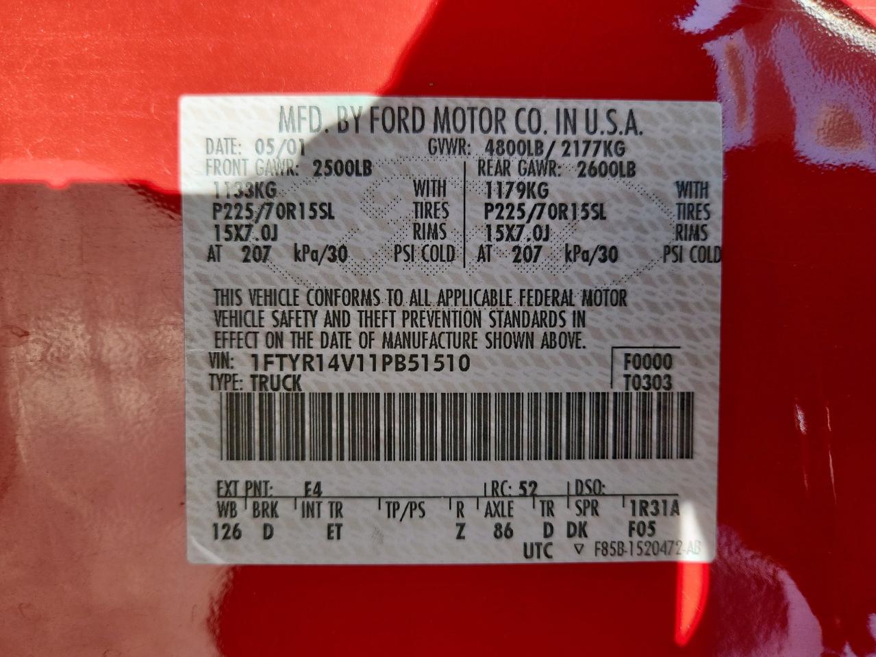 2001 Ford Ranger Super Cab VIN: 1FTYR14V11PB51510 Lot: 91269295