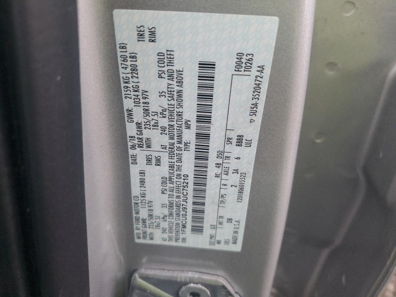 2018 Ford Escape Titanium VIN: 1FMCU0J97JUC75210 Lot: 90977065