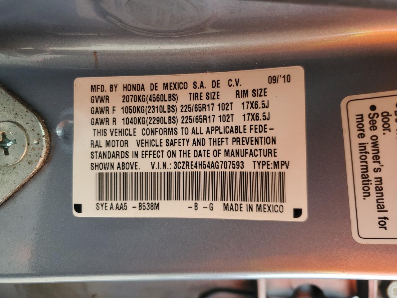 2010 Honda Cr-V Ex VIN: 3CZRE4H54AG707593 Lot: 93125015