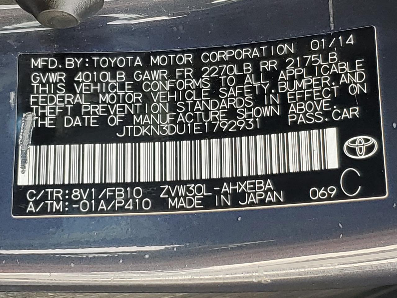 2014 Toyota Prius VIN: JTDKN3DU1E1792931 Lot: 93144305