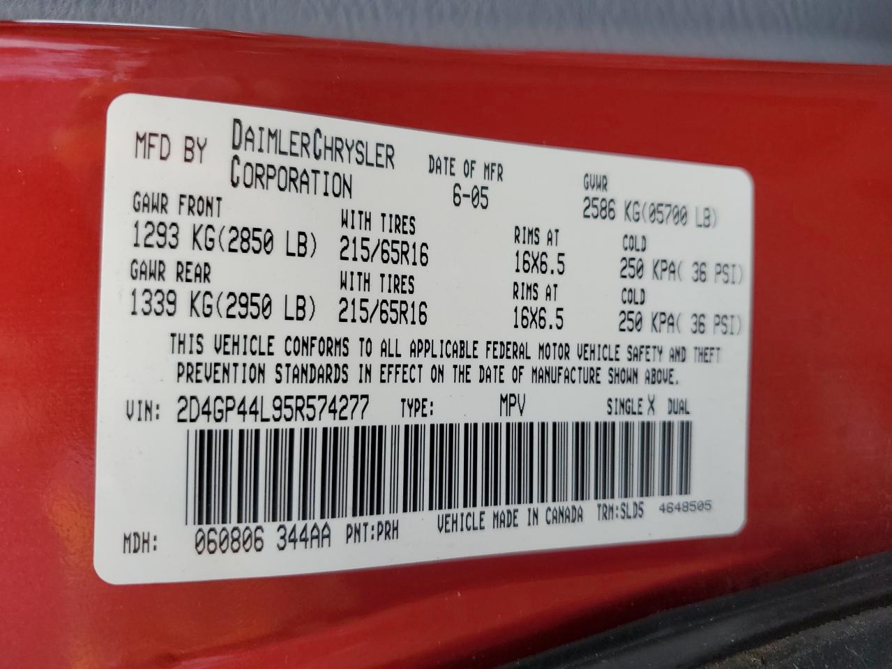 2005 Dodge Grand Caravan Sxt VIN: 2D4GP44L95R574277 Lot: 93073225