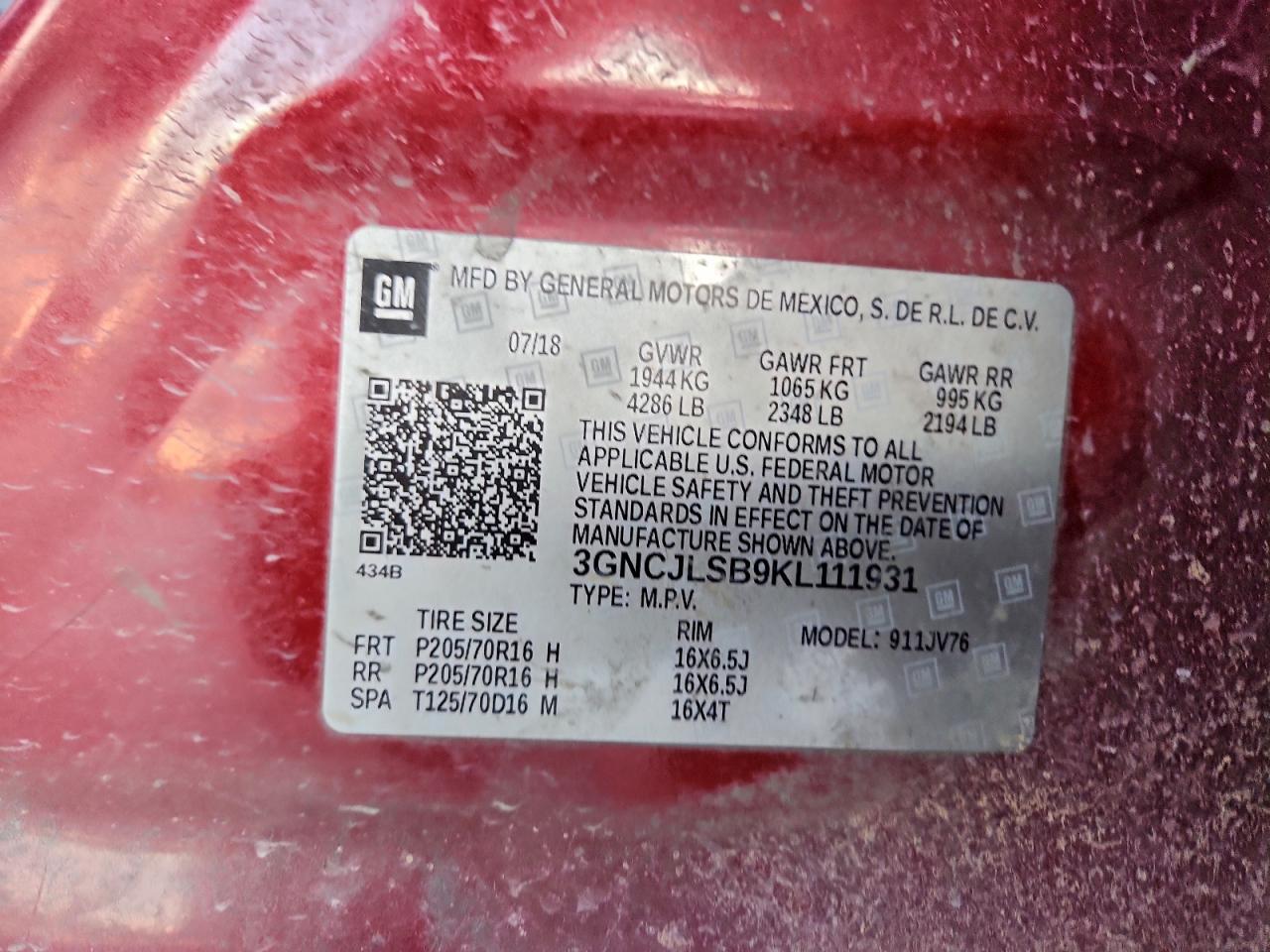 2019 Chevrolet Trax 1Lt VIN: 3GNCJLSB9KL111931 Lot: 94847465