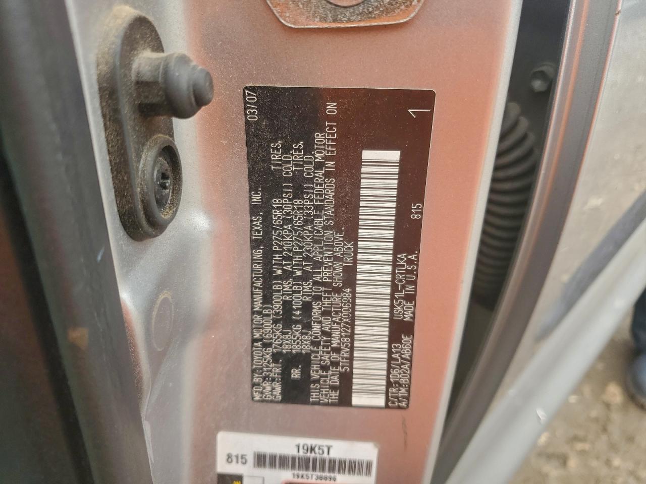 2007 Toyota Tundra Double Cab Limited VIN: 5TFRV58127X006984 Lot: 67107365