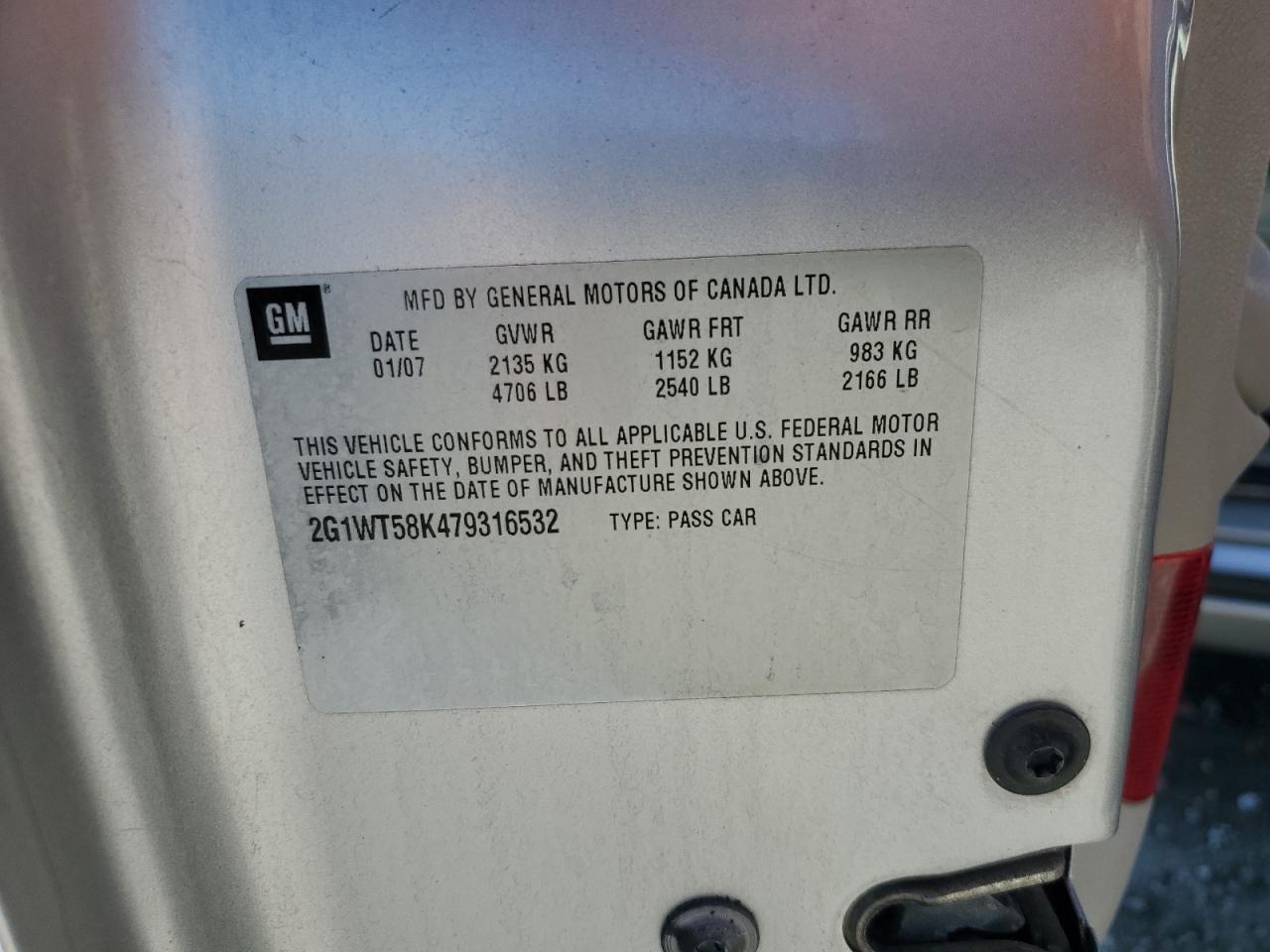 2007 Chevrolet Impala Lt VIN: 2G1WT58K479316532 Lot: 91384695