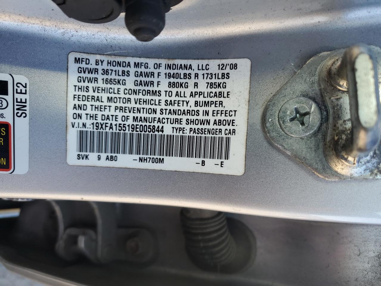 2009 Honda Civic Lx VIN: 19XFA15519E005844 Lot: 92072615