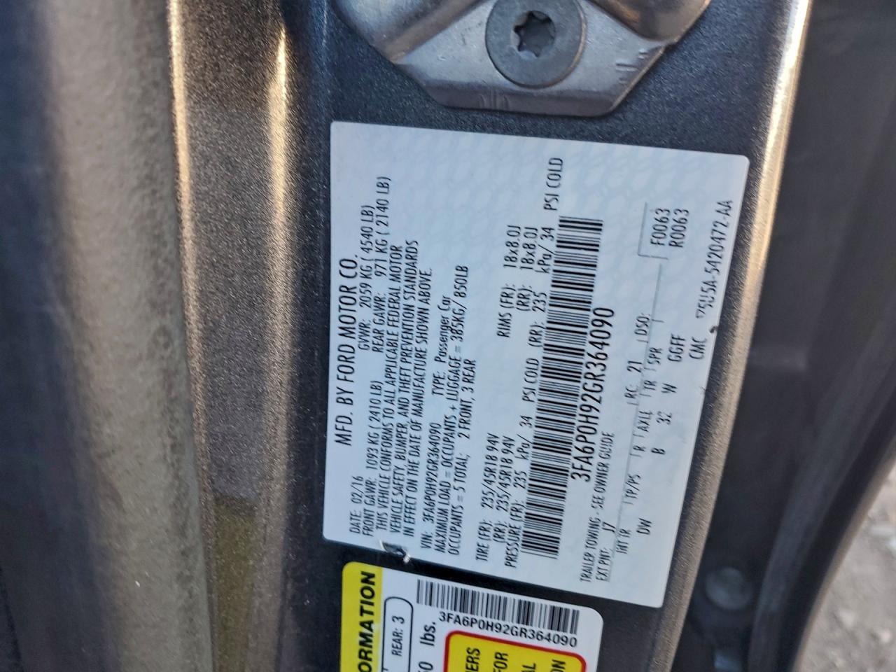 2016 Ford Fusion Se VIN: 3FA6P0H92GR364090 Lot: 94718335