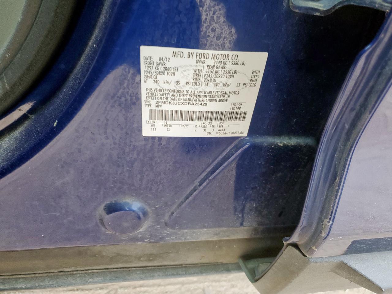 2013 Ford Edge Sel VIN: 2FMDK3JCXDBA25428 Lot: 93446205