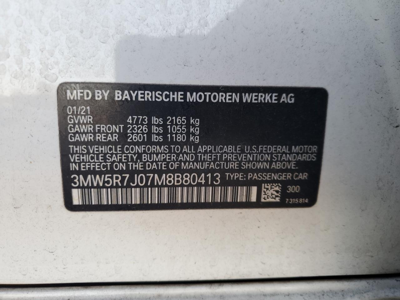 2021 BMW 330Xi VIN: 3MW5R7J07M8B80413 Lot: 91728145