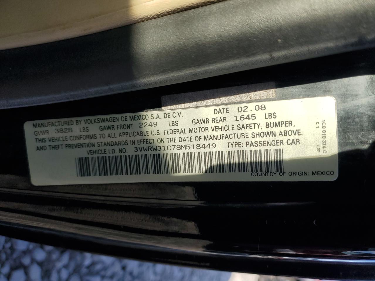 2008 Volkswagen New Beetle S VIN: 3VWRW31C78M518449 Lot: 92916285